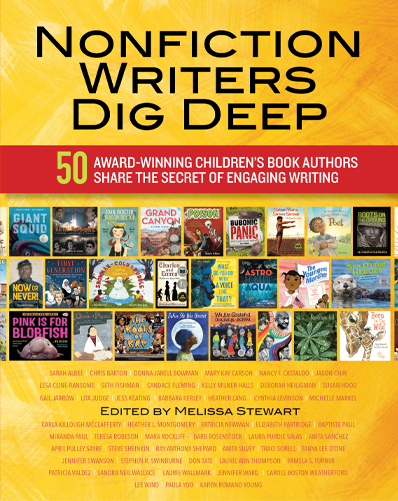 Cover of "Nonfiction Writers Dig Deep: 50 Award-Winning Children's Book Authors Share The Secret of Engaging Writing", edited by Melissa Stewart. Lee is one of the fifty authors featured in the anthology. The cover lists the names of all the contributors, and shows the cover of many nonfiction books by the authors within, including "No Way, They Were Gay?" by Lee.