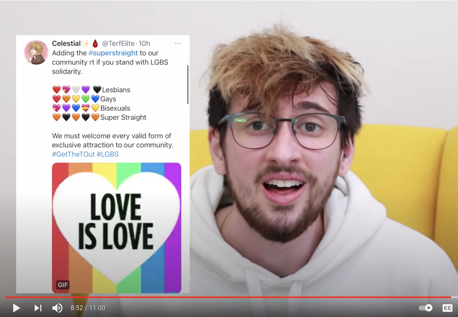 Screenshot of Jammidodger video "The Super Straights Are Super Not Okay" showing Jamie and a Twitter post from someone identifying as 'super straight'