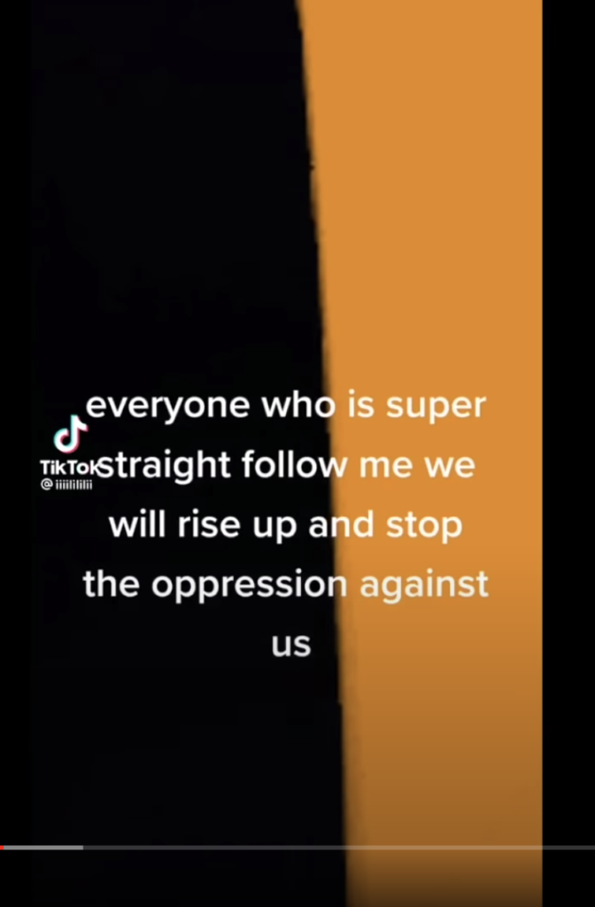 Screen shot of super straight TikTok that reads "everyone who is super straight follow me and we will rise up and stop the oppression against us" Against an orange and black striped background