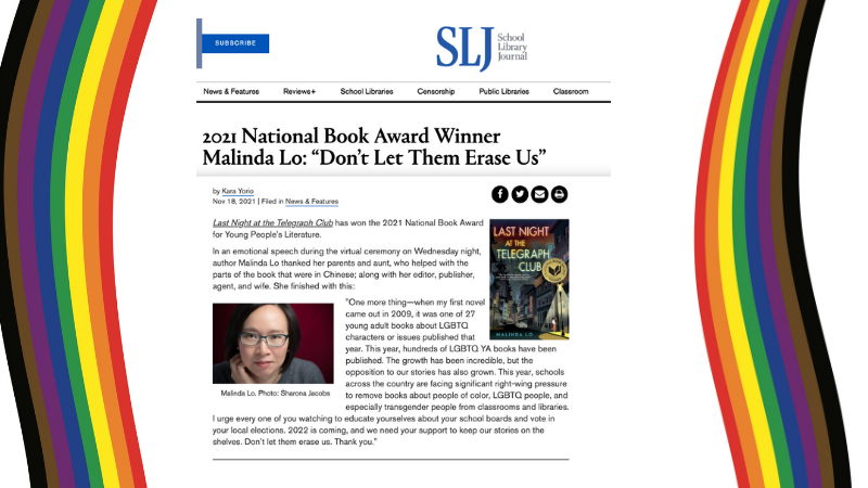 Malinda Lo Wins the National Book Award for “Last Night at the Telegraph Club” – and Calls for Support “to keep our stories on the shelves.”