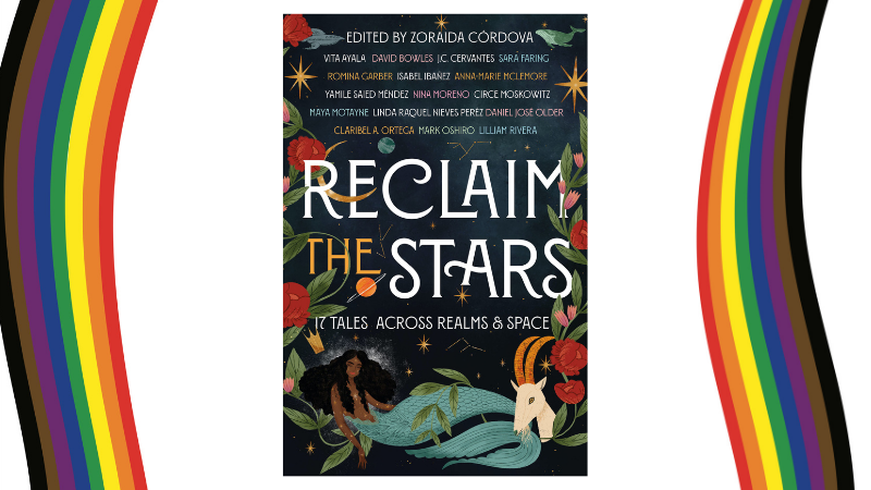 The cover of "Reclaim the Stars" flanked by two wavy diversity rainbow pride flags.