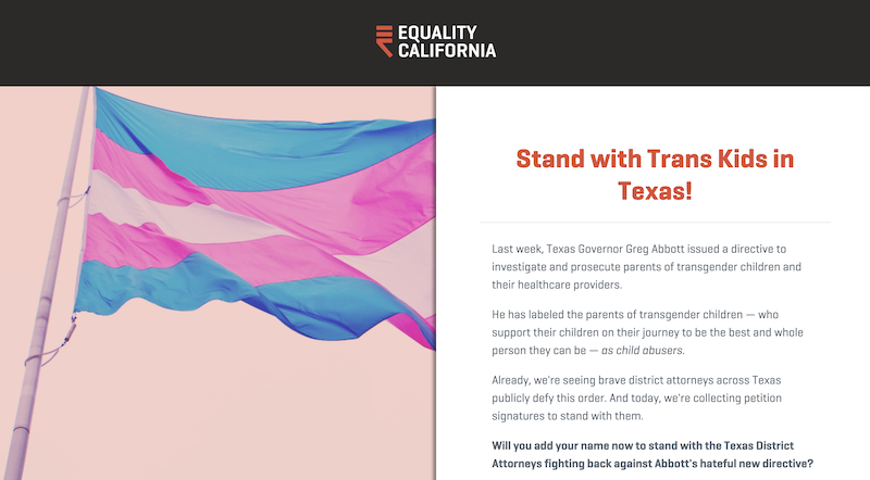 Screen shot from Equality California website and their petition landing page that reads "Stand with Trans Kids in Texas!"