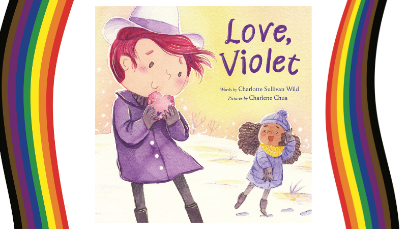 the cover of "Love, Violet" surrounded by wavy diversity pride flags