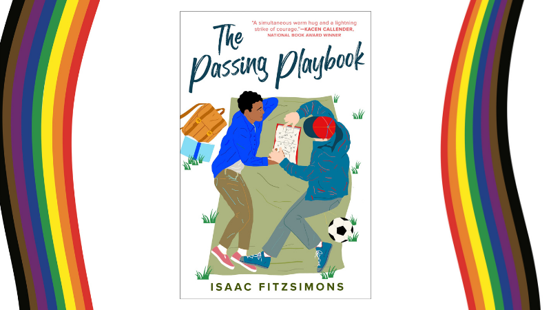 The cover of "The Passing Playbook" flanked by two diversity rainbow pride flags.