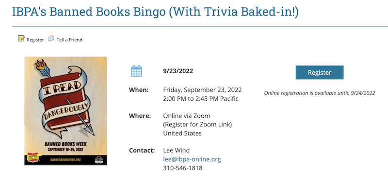 screen shot of the registration page for the IBPA's Banned Books Bingo (With Trivia Baked-in!) event