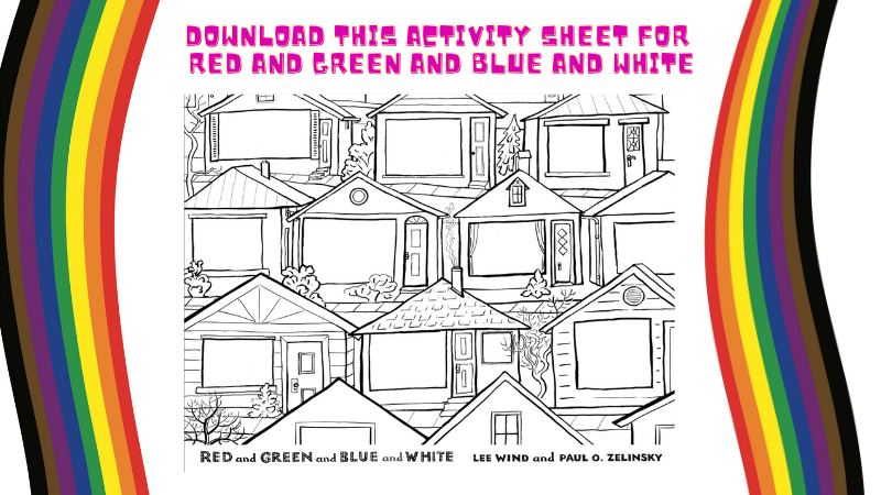 graphic showing the activity page of ten neighborhood windows that are empty from the picture book RED AND GREEN AND BLUE AND WHITE, by Lee Wind, Illustrated by Paul O. Zelinsky
