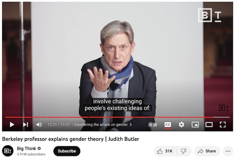 screen shot of Judith Butler's YouTube video "Berkeley professor explains gender theory | Judith Butler"