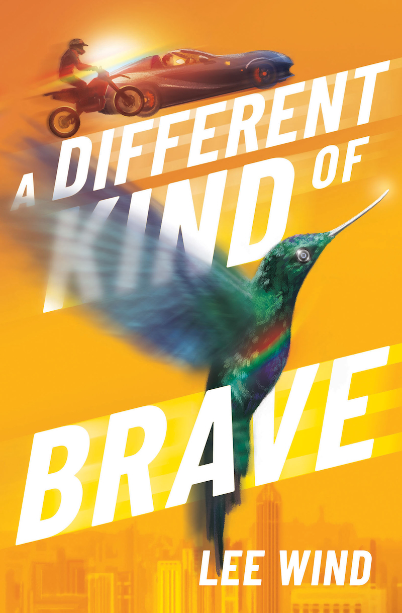 cover of A DIFFERENT KIND OF BRAVE, featuring a rainbow-hued hummingbird drone flying over a city, and two teen guys racing -- one in an exotic sports car, the other on a dirt bike, with motion blurs and lens flares for drama and speed.