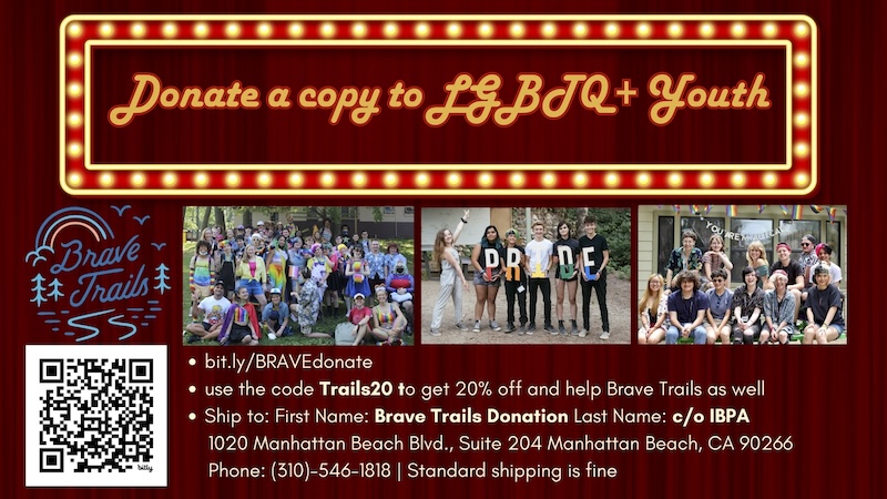 Graphic with photos of Brave Trails campers, with the headline: "Donate a Copy to LGBTQ+ Youth" a QR code and instructions that are in the text below this image.