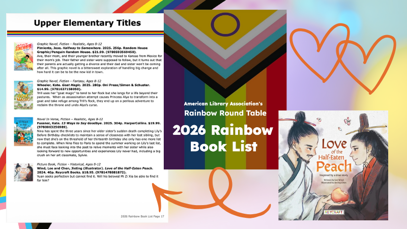A screenshot of the ALA Rainbow Book List 2026 showing LOVE OF THE HALF-EATEN PEACH (written by me, Lee Wind, and illustrated by Jieting Chen, published by Reycraft) - with a swirly arrow, two hearts, and the book cover, as well as the cover of the ALA's Rainbow Book List 2026