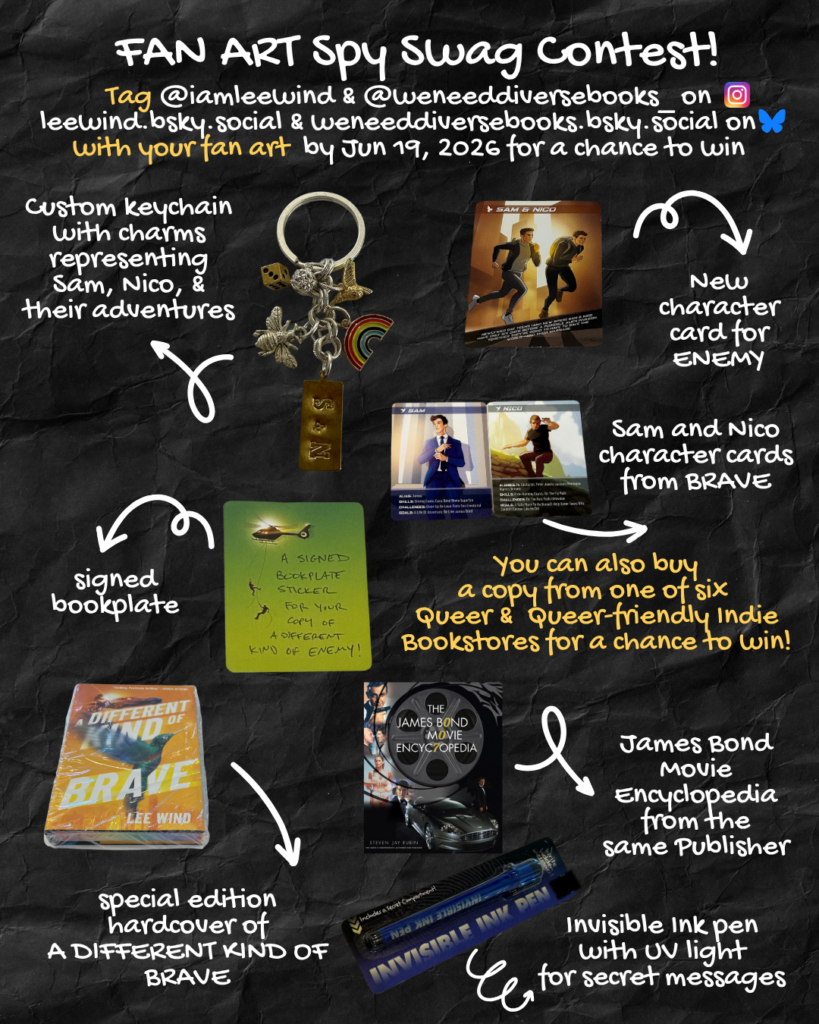 Spy Swag Prize Pack contents, showing the custom keychain with charms representing Sam, Nico, and their adventures, signed bookplate, special edition hardcover of A DIFFERENT KIND OF BRAVE, character cards from A DIFFERENT KIND OF BRAVE of both Sam and Nico, the new character card showing both Sam and Nico for A DIFFERENT KIND OF ENEMY, the James Bond Movie Encyclopedia from the same publisher - Chicago Review Press, and an invisible ink pen with UV light so you can write your own secret spy messages!