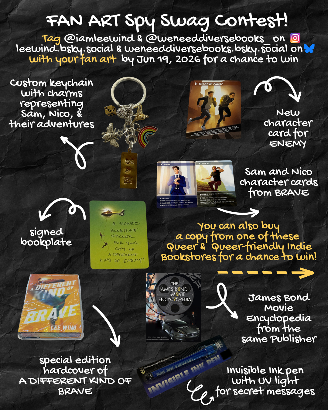 Fan Art Spy Swag Contest - showing all the cool things in the spy swag prize (custom keychain, signed bookplate, special edition hardcover of A DIFFERENT KIND OF BRAVE, invisible ink pen with UV light, James Bond Movie Encyclopedia, character cards for BRAVE, new character card for ENEMY, and an arrow pointing to the buttons where you can buy a copy from a Queer or Queer-friendly independent bookstore for another chance to win.